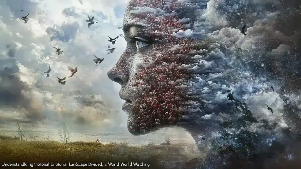 a woman's face with birds flying in the sky