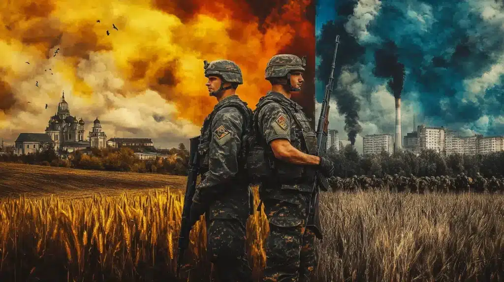 two soldiers standing in a field with smoke and smoke